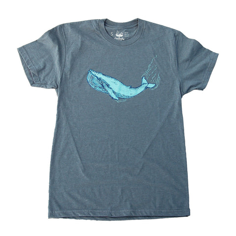 T shirt printed with a blue whale in two colors of blue ink. Shirt is on a white background.