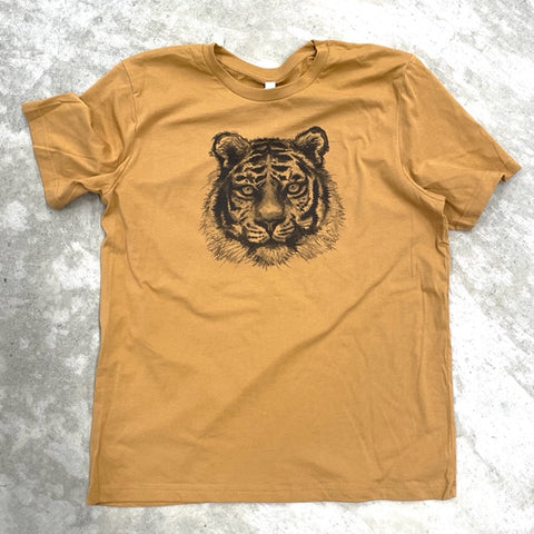 Unisex t shirt printed with a tiger face, laid flat against a white background.