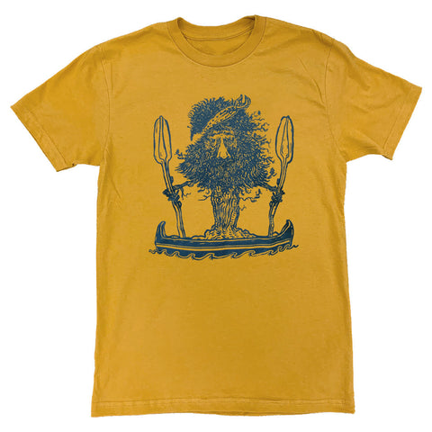 Mustard yellow t shirt printed with design of a tree dude standing in a canoe.