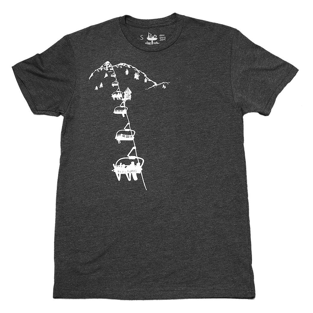 Charcoal gray t shirt with white print of a chairlift up the left side of the torso and across the chest.