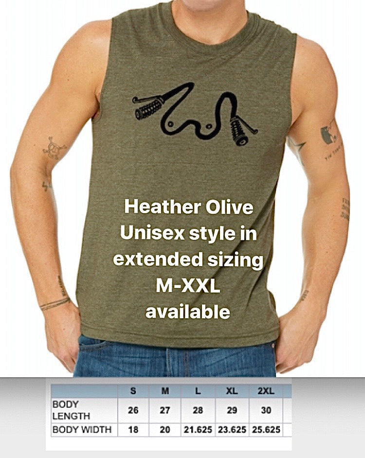 Men's tank top printed with "boobs on bikes" design - like an extra swoopy "w" with handlebars at either end and breasts in the middle.